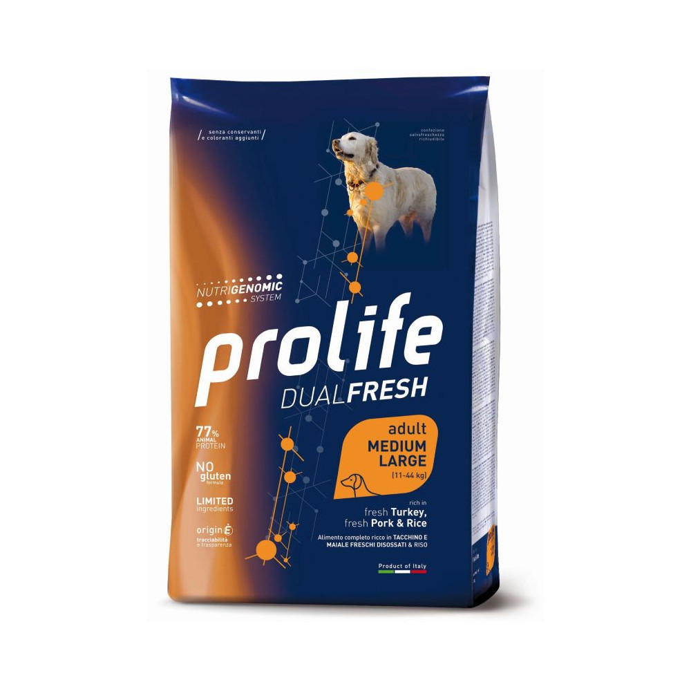 Prolife DualFresh Dog Adult Medium/Large - Tacchino Fresco, Maiale Fresco e Riso - 12 kg