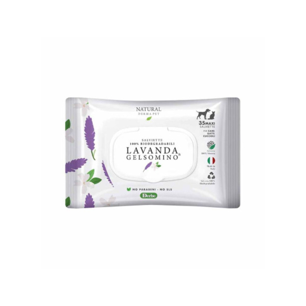 NATURAL DERMA PET SALVIETTE CANI E GATTI – LAVANDA  E GELSOMINO formato da 35 salviette