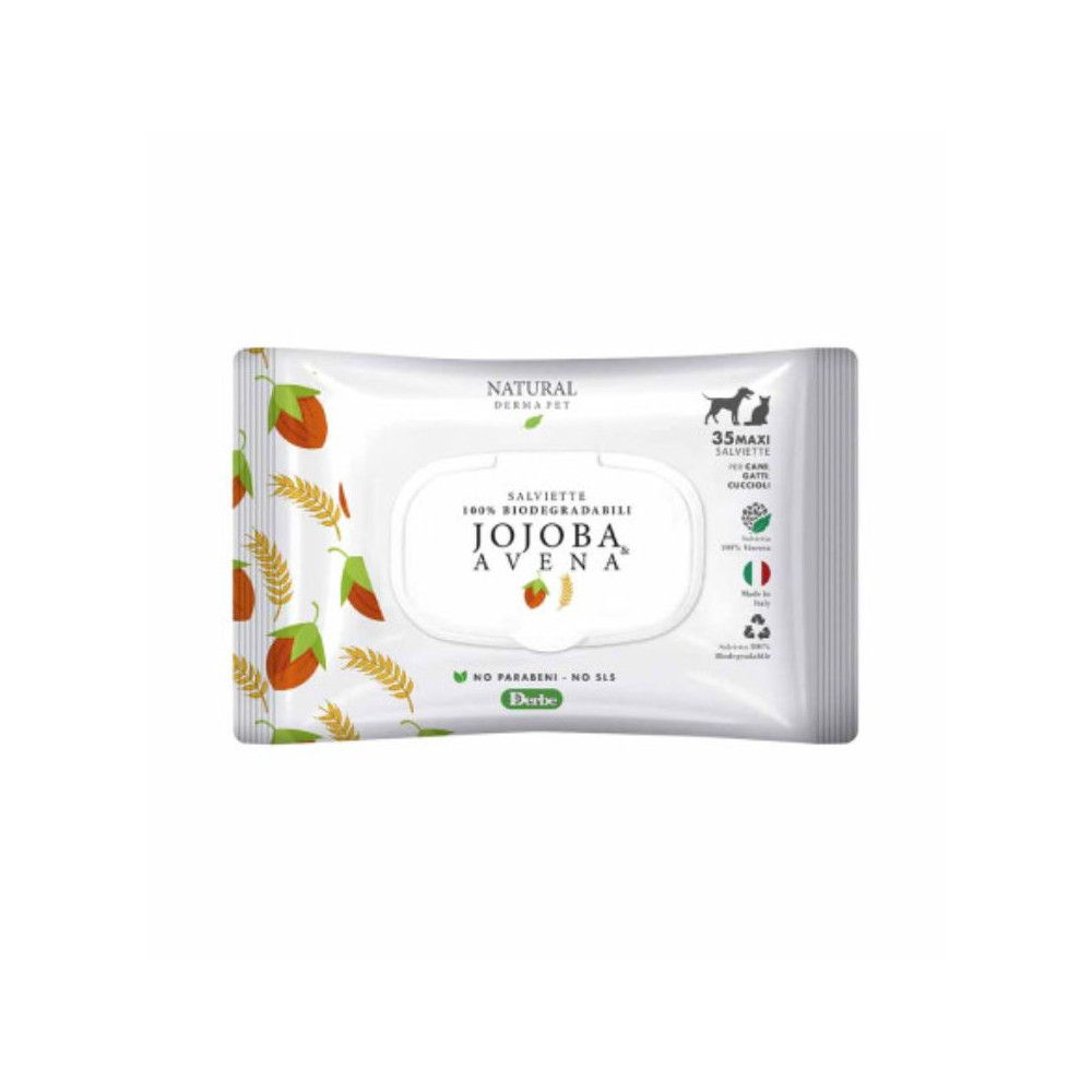 NATURAL DERMA PET SALVIETTE CANI E GATTI – JOJOBA E AVENA formato da 35 salviette